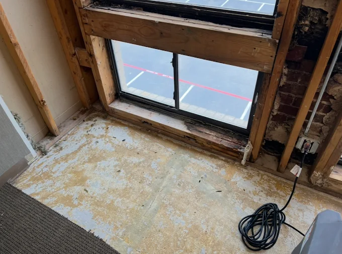 Window area stripped to studs with subfloor exposed during water damage demo in San Antonio